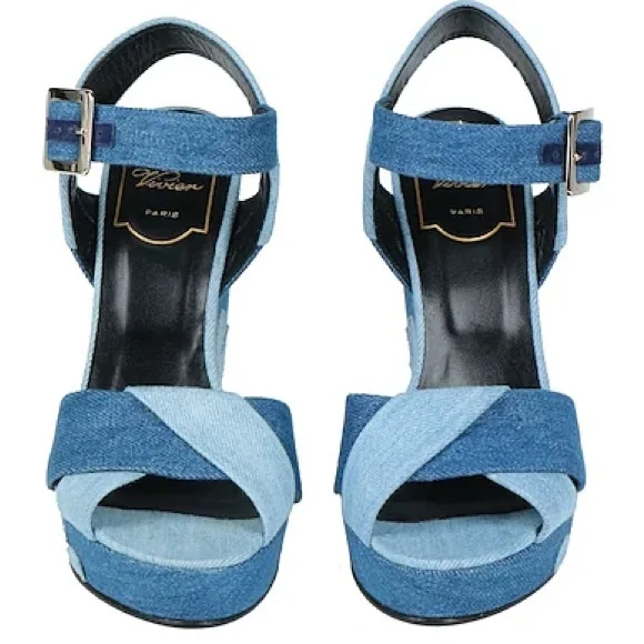 Roger Vivier Denim Floral Wedge Platform Sandals - Picture 4 of 11